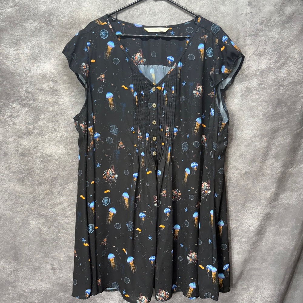 Wayward Fancies eShakti Black Jellyfish Print Pintuck Tunic Top Size 3X 4X